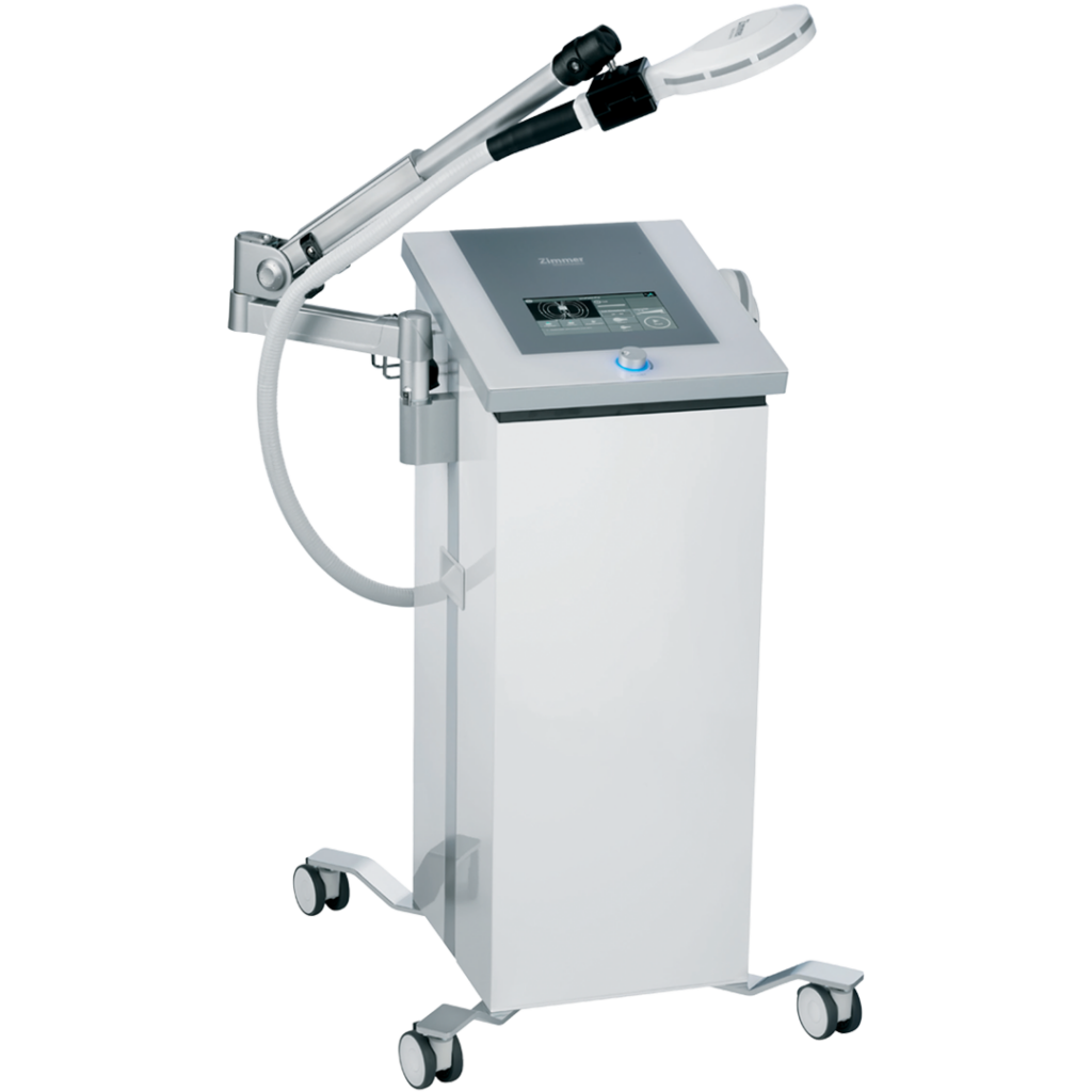 Dispositivo per fisioterapia induttiva ad alta intensità con corpo di colore bianco, display e applicatore grande.