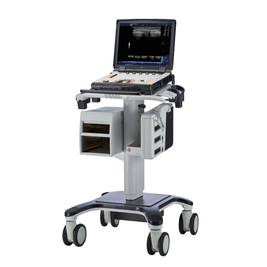Sistema per la guida ecografica degli aghi GE Healthcare: console portatile su carrello mobile con vassoi e molteplici uscite USB.